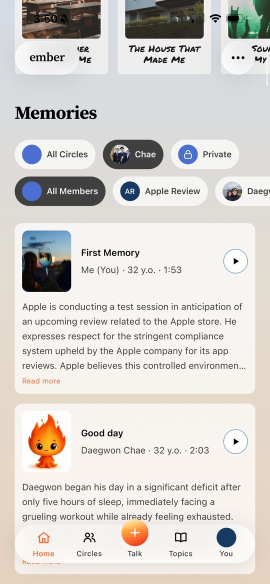 Home scrolled to Memories with circle filters and the First Memory card