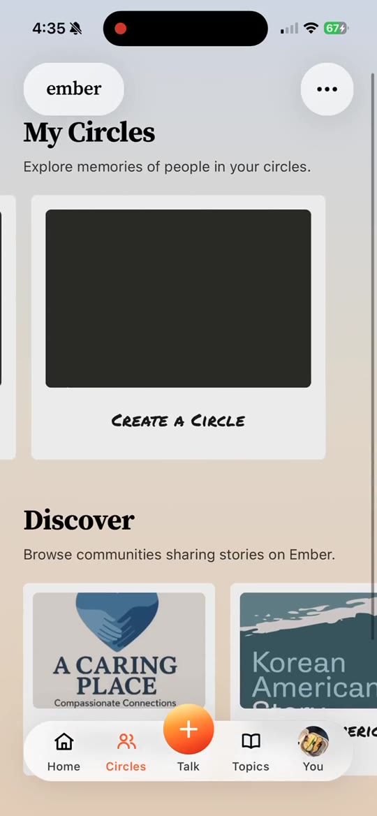Circles tab showing My Circles, Create a Circle, and Discover