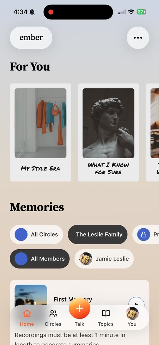 Ember Home tab with For You topics, circle filters, and saved memories