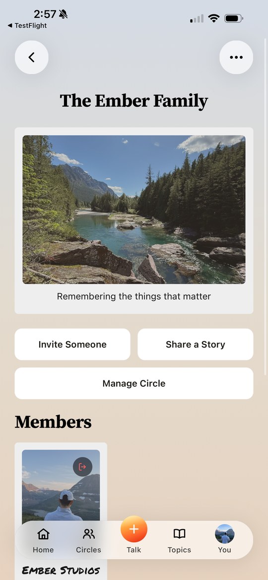 The Ember Family Circle with Invite Someone, Share a Story, and Manage Circle