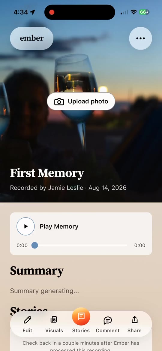 Saved memory with Upload photo, Play Memory, Summary, and Stories