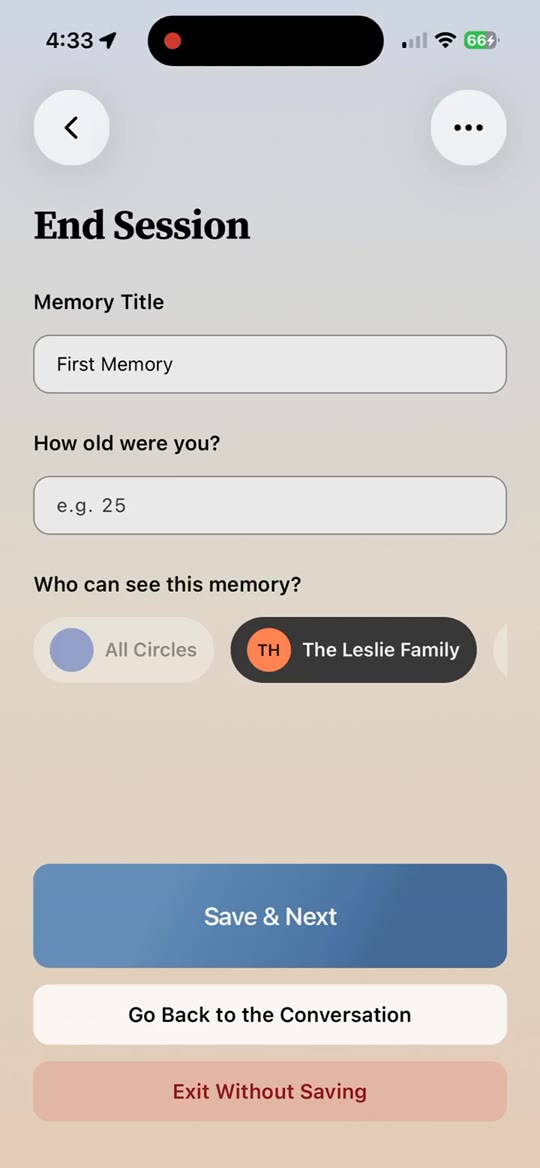 End Session screen with memory title, age, and circle visibility