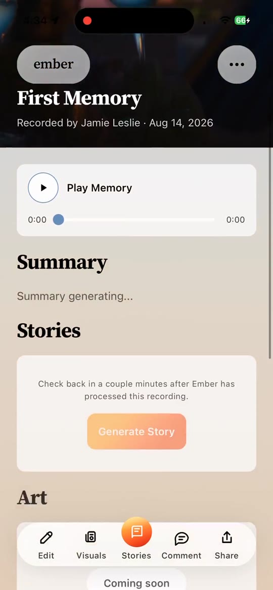 Memory screen scrolled to the Stories section with Generate Story
