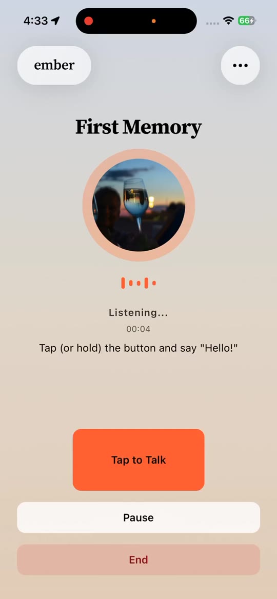 Talk screen with Tap to Talk, Listening, Pause, and End