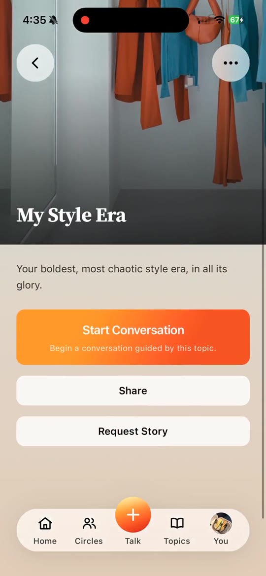 My Style Era topic card with Start Conversation, Share, and Request Story