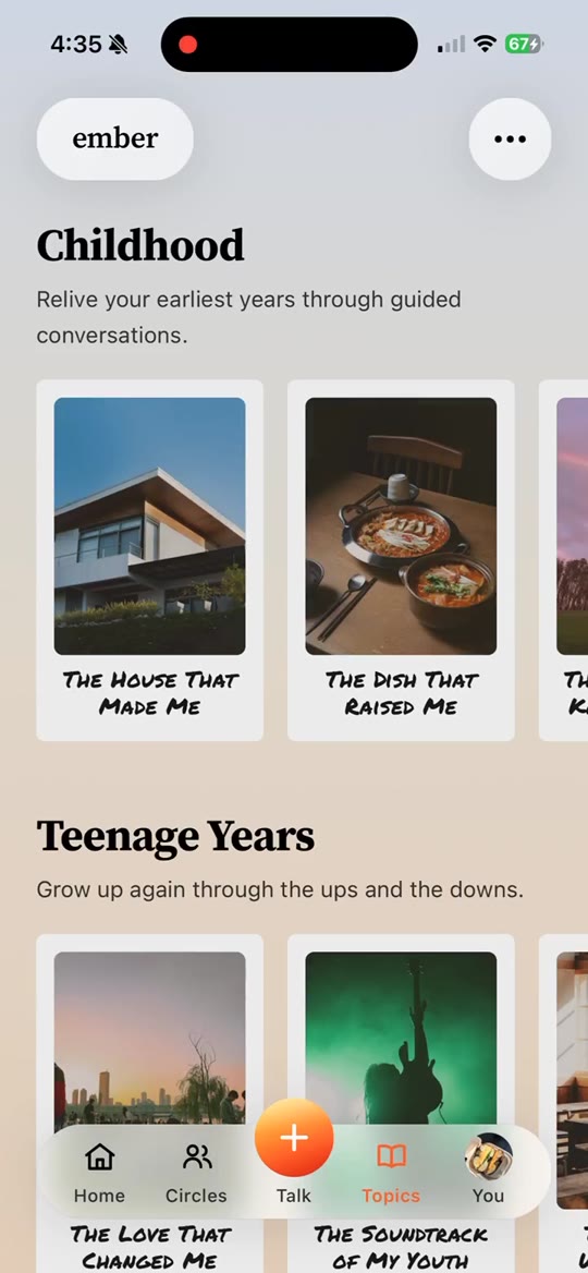 Topics tab showing Childhood and Teenage Years theme rows